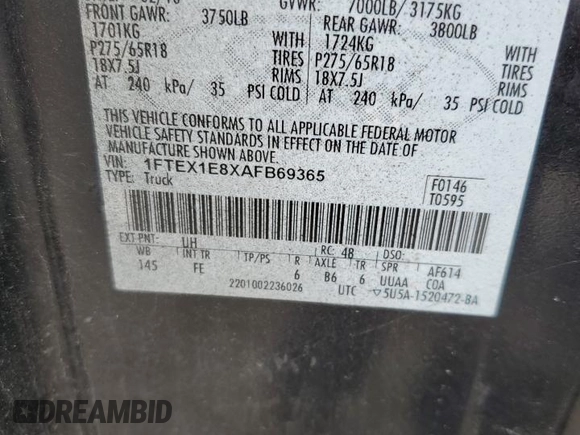 2010 Ford F-150 XL with VIN 1FTEX1E8XAFB69365, listed as a Copart auction lot 59037645 with 137,065 mi miles and Salvage title. Bid and sale history available at DreamBid. Image 12.