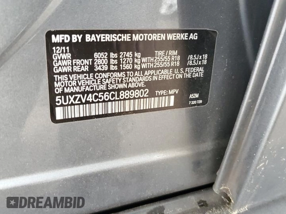 2012 BMW X5 35i with VIN 5UXZV4C56CL889802, listed as a Copart auction lot 62302265 with Not provided miles and Clean title. Bid and sale history available at DreamBid. Image 12.