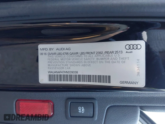 2017 Audi A4 Premium z VIN WAUANAF47HN039038, wystawiony jako IAAI lot #41439609 z przebiegiem 121 410 mil mil oraz . Historia ofert i sprzedaży dostępna na DreamBid. Obrazek 9.