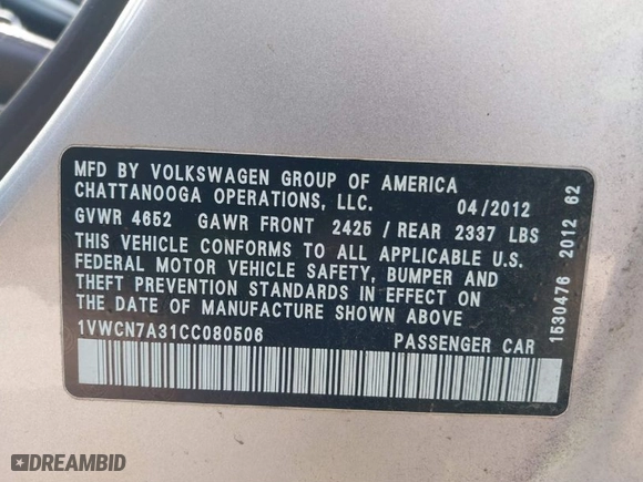 2012 Volkswagen Passat TDI SEL Premium with VIN 1VWCN7A31CC080506, listed as a IAAI auction lot 41792115 with 228,710 mi miles. Bid and sale history available at carsss.com. Image 9.