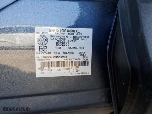 2019 Ford Edge SEL with VIN 2FMPK4J98KBC65906, listed as a Copart auction lot 50965285 with 58,656 mi miles and Salvage Title. Bid and sale history available at carsss.com. Image 14.