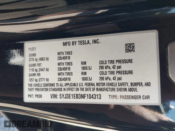 2022 Tesla Model 3 Long Range with VIN 5YJ3E1EB3NF104313, listed as a IAAI auction lot 41832803 with 39,061 mi miles and . Bid and sale history available at DreamBid. Image 9.