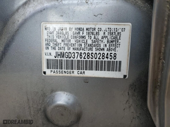 2008 Honda Fit Sport with VIN JHMGD37628S028458, listed as a Copart auction lot 47485305 with 191,191 mi miles and Salvage Title. Bid and sale history available at carsss.com. Image 14.