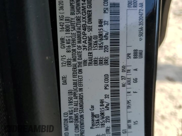 2016 Ford Fiesta SE with VIN 3FADP4BJXGM142590, listed as a Copart auction lot 48748965 with 66,435 mi miles and Salvage Title. Bid and sale history available at DreamBid. Image 14.
