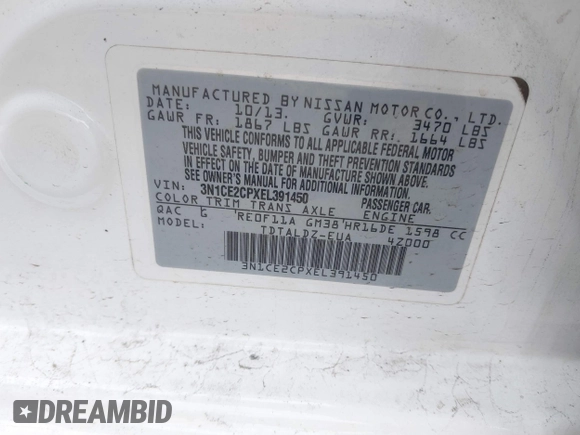 2014 Nissan Note S Plus with VIN 3N1CE2CPXEL391450, listed as a IAAI auction lot 41936997 with 86,592 mi miles and . Bid and sale history available at DreamBid. Image 9.