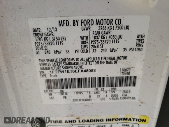 2014 Ford F-150 XL with VIN 1FTFW1ET6EFA48088, listed as a Copart auction lot 49339825 with 177,016 mi miles and Salvage Title. Bid and sale history available at carsss.com. Image 12.