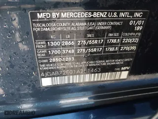 2001 Mercedes-Benz M-Class with VIN 4JGAB72E01A251463, listed as a IAAI auction lot 41392480 with 1 mi miles. Bid and sale history available at carsss.com. Image 9.