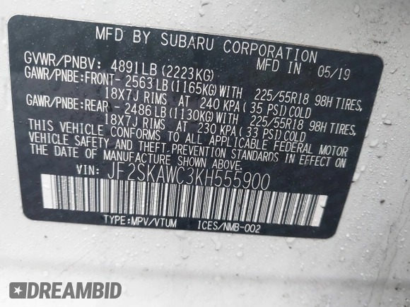 2019 Subaru Forester Touring with VIN JF2SKAWC3KH555900, listed as a IAAI auction lot 41558281 with 138,351 mi miles. Bid and sale history available at carsss.com. Image 9.