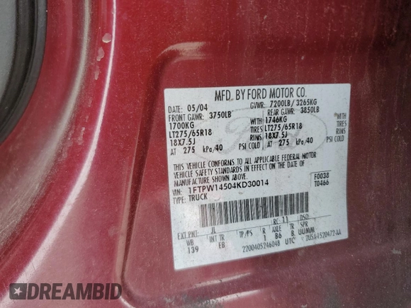 2004 Ford F-150 XLT z VIN 1FTPW14504KD30014, wystawiony jako Copart lot #62079815 z przebiegiem 184 653 mil mil oraz Szkoda całkowita • Salvage title. Historia ofert i sprzedaży dostępna na DreamBid. Obrazek 12.