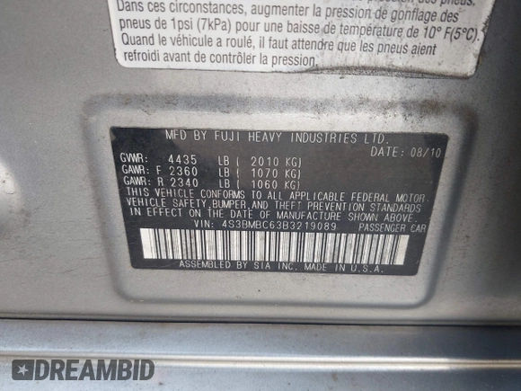 2011 Subaru Legacy Premium with VIN 4S3BMBC63B3219089, listed as a IAAI auction lot 42631860 with 174,575 mi miles and . Bid and sale history available at DreamBid. Image 9.