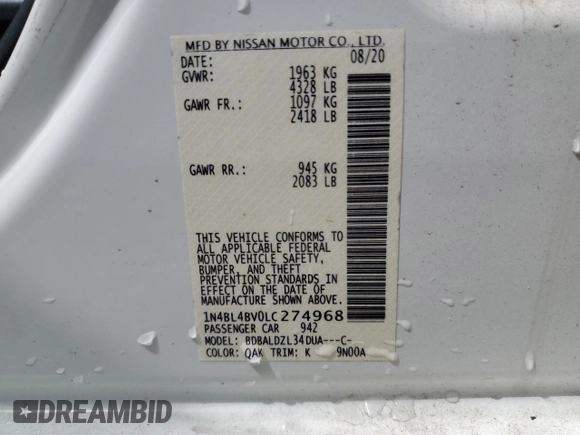 2020 Nissan Altima 2.5 S with VIN 1N4BL4BV0LC274968, listed as a Copart auction lot 49815365 with 78,275 mi miles and Salvage Title. Bid and sale history available at carsss.com. Image 15.