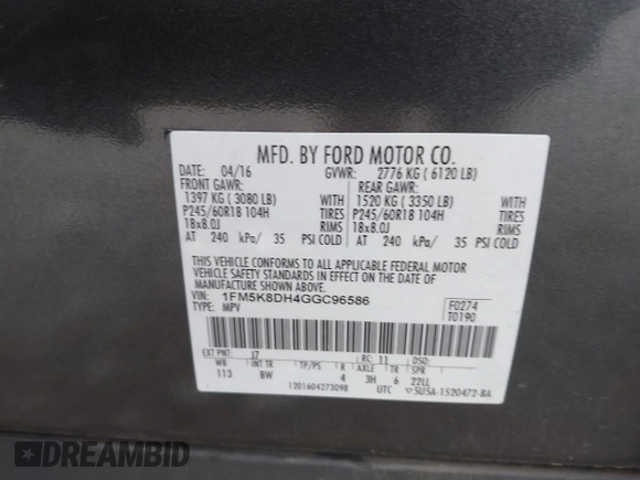 2016 Ford Explorer XLT with VIN 1FM5K8DH4GGC96586, listed as a IAAI auction lot 41882681 with 147,288 mi miles and . Bid and sale history available at DreamBid. Image 9.