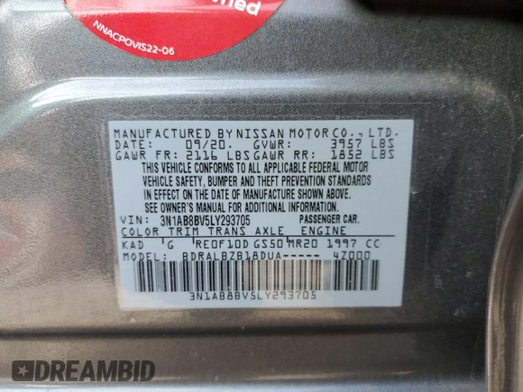 2020 Nissan Sentra S with VIN 3N1AB8BV5LY293705, listed as a Copart auction lot 45698345 with 77,528 mi miles and Salvage Title. Bid and sale history available at DreamBid. Image 12.