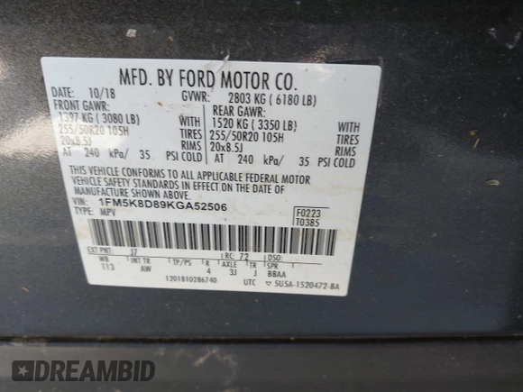 2019 Ford Explorer XLT с VIN 1FM5K8D89KGA52506, выставлен на аукционе IAAI как лот 42509598 с пробегом 143 292 миль миль и . История ставок и продаж доступна на DreamBid. Изображение 9.