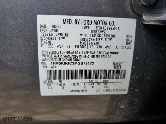 2021 Ford Explorer ST with VIN 1FM5K8GC3MGB79173, listed as a Copart auction lot 46247065 with 97,845 mi miles and Salvage Title. Bid and sale history available at carsss.com. Image 13.