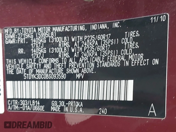 2011 Toyota Sienna XLE AAS with VIN 5TDYK3DC0BS093590, listed as a IAAI auction lot 42714201 with 155,699 mi miles and . Bid and sale history available at DreamBid. Image 9.