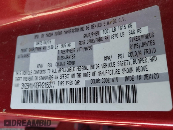 2015 Mazda 3 i Grand Touring with VIN 3MZBM1M76FM215377, listed as a IAAI auction lot 41776575 with 81,258 mi miles and . Bid and sale history available at DreamBid. Image 9.
