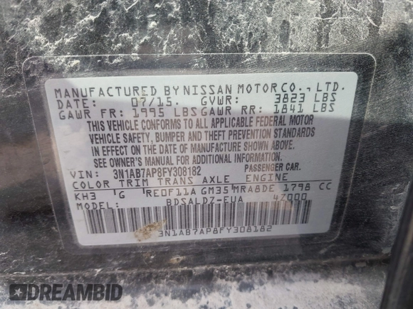 2015 Nissan Sentra SR with VIN 3N1AB7AP8FY308182, listed as a IAAI auction lot 41783618 with 120,947 mi miles and . Bid and sale history available at DreamBid. Image 9.