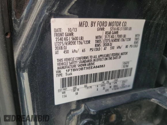 2014 Ford F-350 XLT with VIN 1FT8W3BTXEEA64583, listed as a Copart auction lot 62752235 with Not provided miles and Salvage title. Bid and sale history available at DreamBid. Image 14.