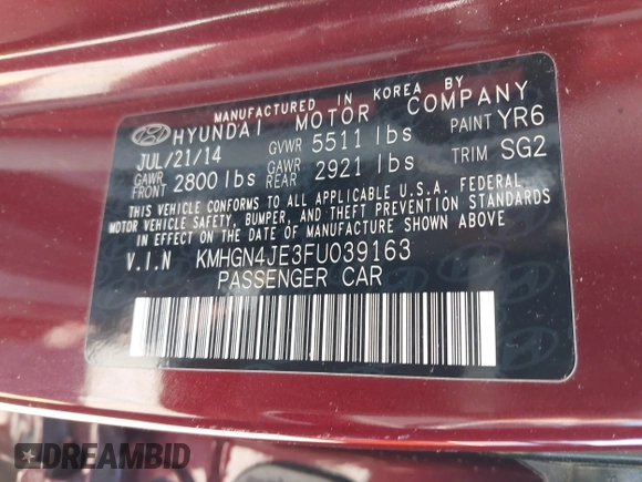 2015 Hyundai Genesis 3.8L with VIN KMHGN4JE3FU039163, listed as a IAAI auction lot 42050617 with 134,183 mi miles and . Bid and sale history available at DreamBid. Image 9.