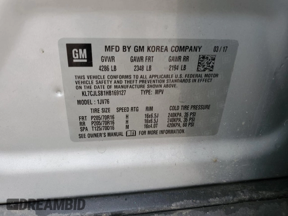 2017 Chevrolet Trax LT with VIN KL7CJLSB1HB169127, listed as a Copart auction lot 83825014 with Not Provided miles and Salvage Title. Bid and sale history available at DreamBid. Image 14.