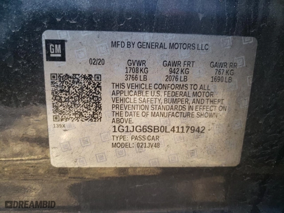 2020 Chevrolet Sonic LT with VIN 1G1JG6SB0L4117942, listed as a Copart auction lot 45211285 with NaN miles and Salvage Title. Bid and sale history available at carsss.com. Image 15.