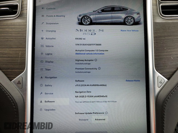 2015 Tesla Model S 85D with VIN 5YJSA1H28FFP78686, listed as a Copart auction lot 53310595 with 69,682 mi miles and Salvage Title. Bid and sale history available at carsss.com. Image 9.