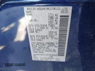 2020 Nissan Pathfinder S with VIN 5N1DR2AN2LC631666, listed as a IAAI auction lot 39193043 with 49,881 mi miles. Bid and sale history available at carsss.com. Image 9.