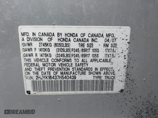 2007 Honda Ridgeline RTS with VIN 2HJYK16437H540439, listed as a IAAI auction lot 41552166 with 172,824 mi miles. Bid and sale history available at carsss.com. Image 9.