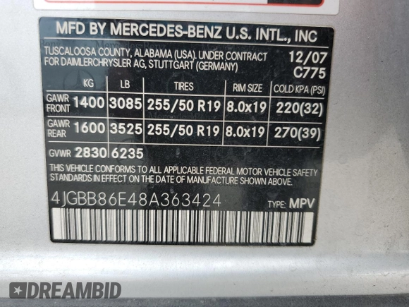 2008 Mercedes-Benz M 350 with VIN 4JGBB86E48A363424, listed as a Copart auction lot 54598235 with 92,316 mi miles and Clean Title. Bid and sale history available at DreamBid. Image 13.