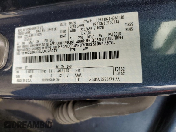 2020 Ford Escape SE with VIN 1FMCU0G69LUC26977, listed as a Copart auction lot 45796615 with 58,791 mi miles and Salvage Title. Bid and sale history available at carsss.com. Image 15.