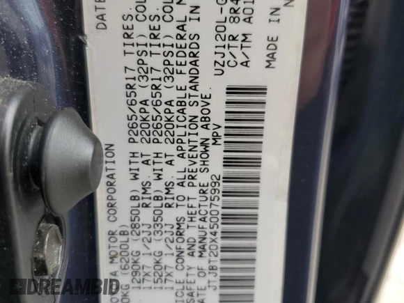 2005 Lexus GX 470 with VIN JTJBT20X450075992, listed as a Copart auction lot 44997025 with 232,238 mi miles and Non Repairable. Bid and sale history available at DreamBid. Image 13.