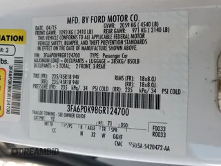 2016 Ford Fusion Titanium with VIN 3FA6P0K98GR124700, listed as a Copart auction lot 48786205 with 125,676 mi miles and Salvage Title. Bid and sale history available at carsss.com. Image 12.