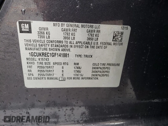 2016 Chevrolet Silverado 1500 LT with VIN 1GCUKREC1GF141881, listed as a Copart auction lot 71365384 with 278,640 mi miles and Salvage Title. Bid and sale history available at DreamBid. Image 12.