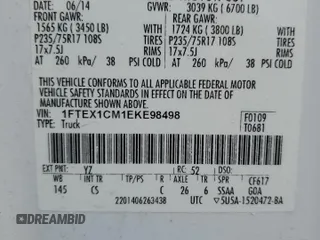 2014 Ford F-150 XL with VIN 1FTEX1CM1EKE98498, listed as a Copart auction lot 83595034 with 137,091 mi miles and Salvage title. Bid and sale history available at DreamBid. Image 12.