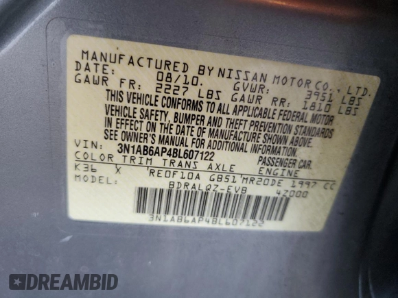2011 Nissan Sentra S with VIN 3N1AB6AP4BL607122, listed as a Copart auction lot 59124895 with Not provided miles and Salvage title. Bid and sale history available at DreamBid. Image 12.