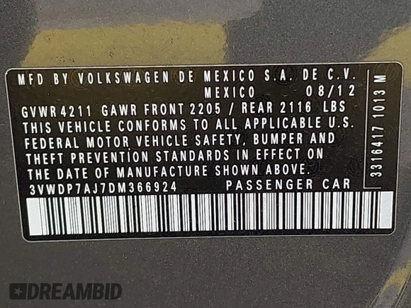 2013 Volkswagen Jetta SE with VIN 3VWDP7AJ7DM366924, listed as a IAAI auction lot 42436154 with 160,518 mi miles and . Bid and sale history available at DreamBid. Image 9.