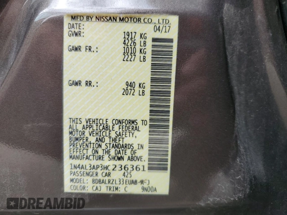 2017 Nissan Altima SL with VIN 1N4AL3AP3HC236361, listed as a Copart auction lot 55932585 with 195,303 mi miles and Salvage title. Bid and sale history available at DreamBid. Image 12.