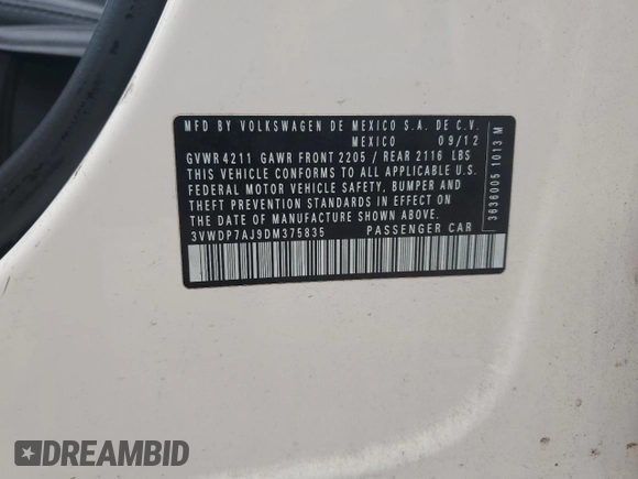 2013 Volkswagen Jetta Sedan SE with VIN 3VWDP7AJ9DM375835, listed as a Copart auction lot 80051974 with 180,645 mi miles and Salvage Title. Bid and sale history available at carsss.com. Image 12.