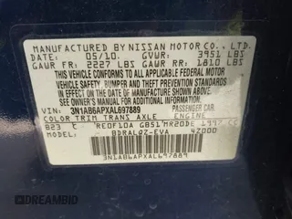 2010 Nissan Sentra S with VIN 3N1AB6APXAL697889, listed as a IAAI auction lot 42553602 with 191,237 mi miles and . Bid and sale history available at DreamBid. Image 9.