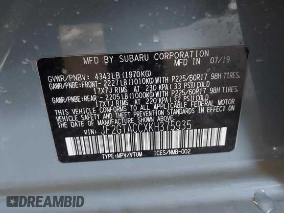 2019 Subaru Crosstrek Premium with VIN JF2GTACCXKH375935, listed as a IAAI auction lot 41249673 with 61,809 mi miles and . Bid and sale history available at DreamBid. Image 9.