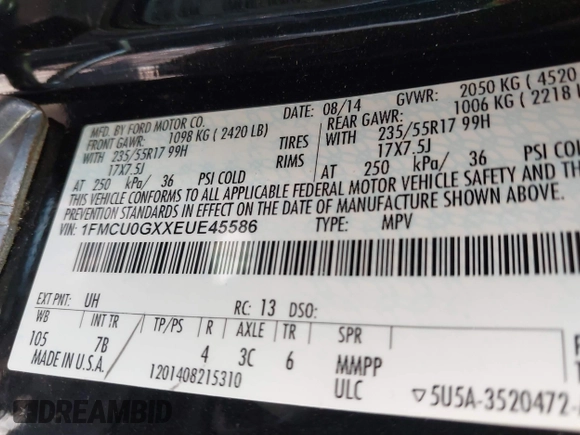 2014 Ford Escape SE with VIN 1FMCU0GXXEUE45586, listed as a IAAI auction lot 41813850 with 179,701 mi miles. Bid and sale history available at carsss.com. Image 9.