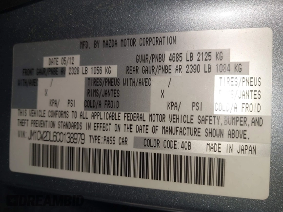 2012 Mazda 5 Grand Touring with VIN JM1CW2DL6C0138979, listed as a IAAI auction lot 41936188 with 57,963 mi miles and . Bid and sale history available at carsss.com. Image 9.