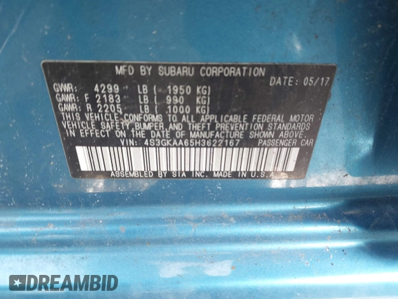 2017 Subaru Impreza z VIN 4S3GKAA65H3622167, wystawiony jako IAAI lot #41727225 z przebiegiem 100 240 mil mil oraz . Historia ofert i sprzedaży dostępna na DreamBid. Obrazek 9.