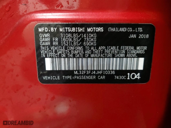 2018 Mitsubishi Mirage G4 ES with VIN ML32F3FJ4JHF10336, listed as a Copart auction lot 47402555 with 71,035 mi miles and Salvage Title. Bid and sale history available at carsss.com. Image 13.