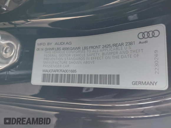 2015 Audi A5 Premium with VIN WAUCFAFR7FA001685, listed as a IAAI auction lot 41461616 with 99,252 mi miles. Bid and sale history available at carsss.com. Image 9.
