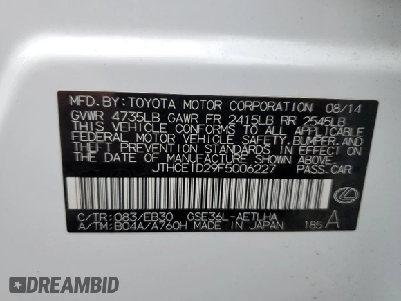 2015 Lexus IS 350 with VIN JTHCE1D29F5006227, listed as a Copart auction lot 87866325 with 106,325 mi miles and Salvage title. Bid and sale history available at DreamBid. Image 12.