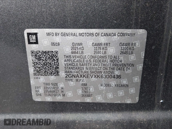 2019 Chevrolet Equinox LT with VIN 2GNAXKEVXK6300436, listed as a IAAI auction lot 40480156 with 64,365 mi miles and . Bid and sale history available at carsss.com. Image 9.