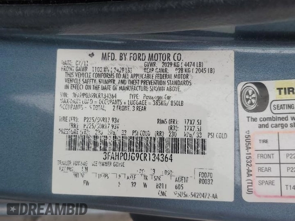 2012 Ford Fusion SEL with VIN 3FAHP0JG9CR134364, listed as a Copart auction lot 48109935 with 63,787 mi miles and Salvage Title. Bid and sale history available at DreamBid. Image 12.