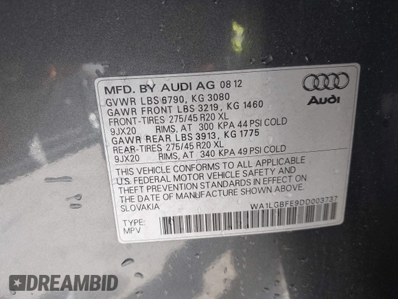 2013 Audi Q7 Premium Plus z VIN WA1LGBFE9DD003737, wystawiony jako IAAI lot #41888710 z przebiegiem 149 802 mil mil oraz . Historia ofert i sprzedaży dostępna na DreamBid. Obrazek 9.